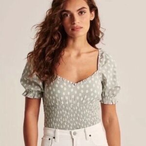 Abercrombie & Fitch Sage Green Polka Dot Puff Sleeve Sweetheart Top